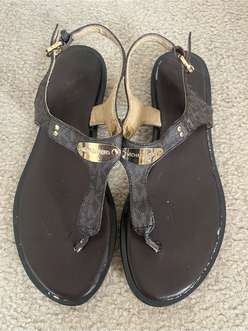 Michael Kors Dark Brown Logo Thong Sandals with Gold Plaque
